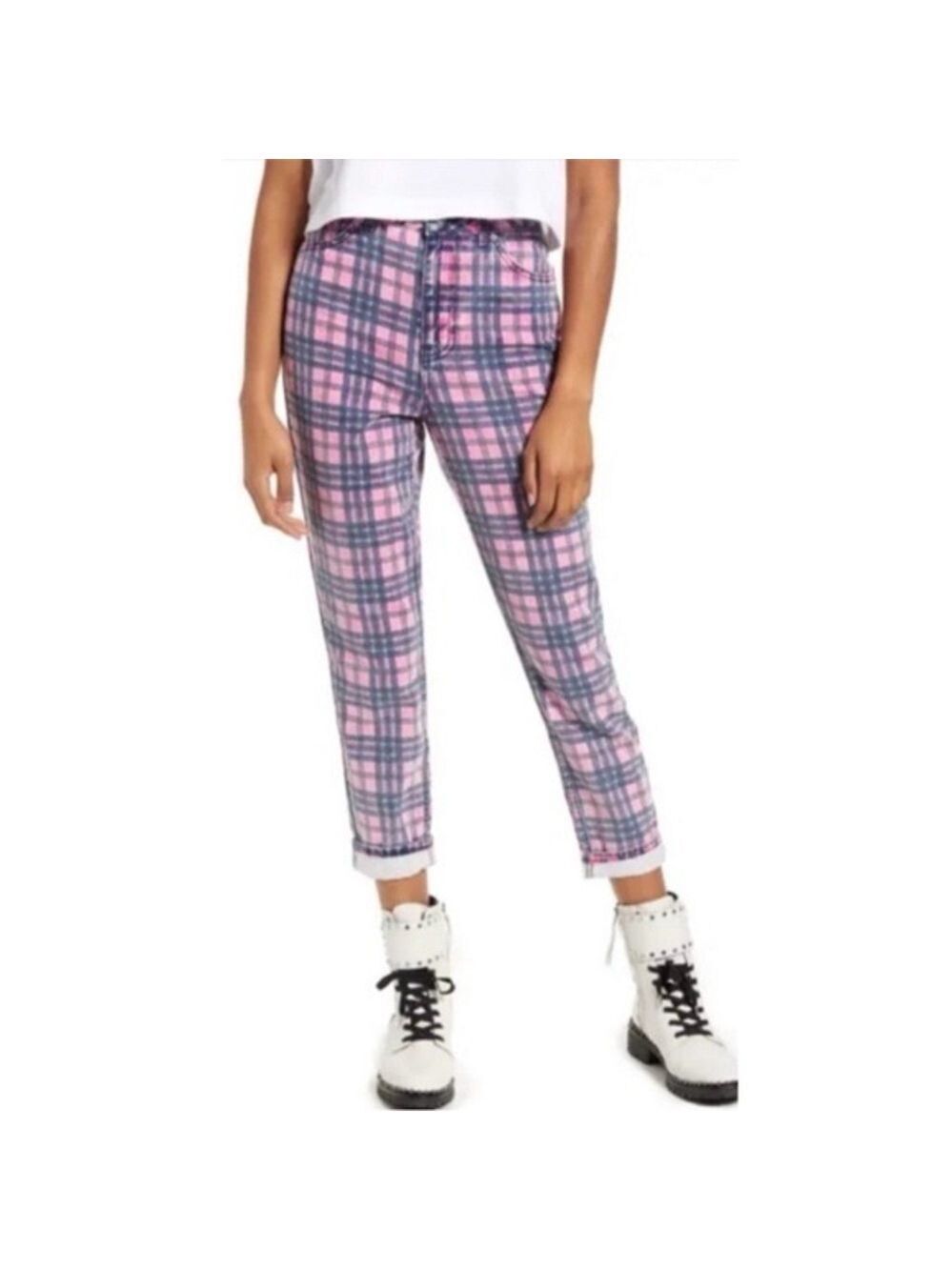 Topshop Plaid Checkered Denim High Rise Mom Jeans in Bright Pink & Blue